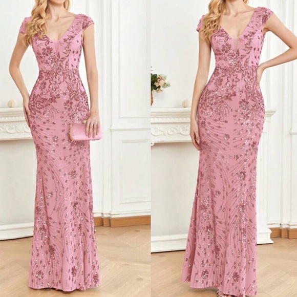Luxe V neck sequin formal evening party dress